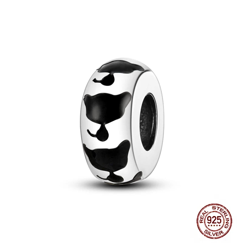 925 sterling silver puppy dog charm bead for bracelets, featuring black dog silhouettes for pet lovers' DIY jewelry.