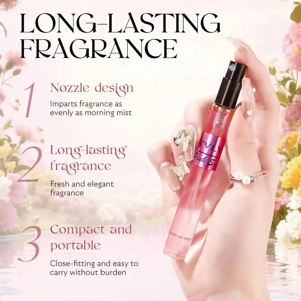 TVLV Pink Sea travel-sized body fragrance spray, elegant slim glass bottle, fresh feminine scent, portable perfume gift.
