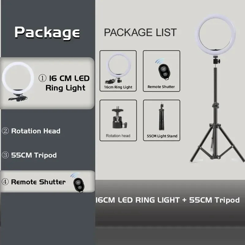 LED Ring Light With Tripod Stand - Dimmable Video Lamp for Content Creation 16Light BK55 Tidesmit