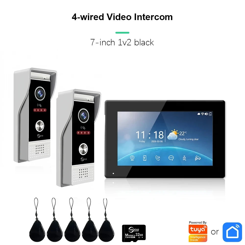 4-wired video intercom with 7-inch monitor, black display, two door stations