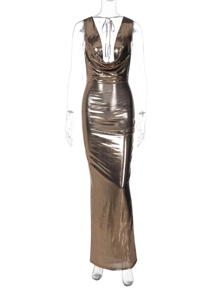 Dulzura Solid Pu Swinging Collar Lace-Up Backless Maxi Dress Bodycone Sexy Party Elegant Y2K Club 2023 Summer For Women Classy