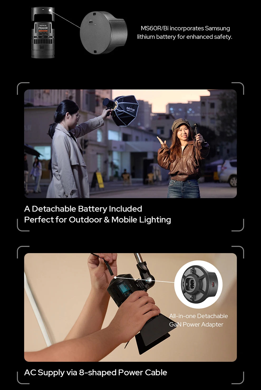 MS60R/Bi portable LED light with detachable battery, cylindrical black housing, and AC adapter for outdoor lighting.