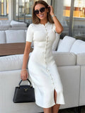 Tossy White Elegant Knitwear Maxi Dress For Women Short Sleeve Ribbed Slim High Waist Cardigan Dress Female Knit Long Dress 2025
