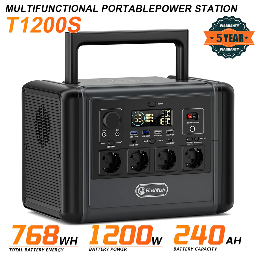 Portable Power Station FlashFish T1200S 768Wh 1200W LiFePO4 Solar Generator, PD Fast Charge Wireless Charging Outdoor Emergency Battery Pack