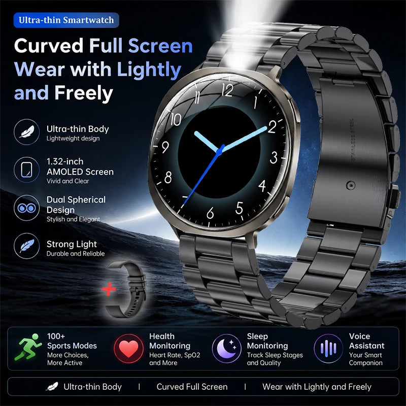 Curved-screen smartwatch with round display and black metal bracelet, front view.
