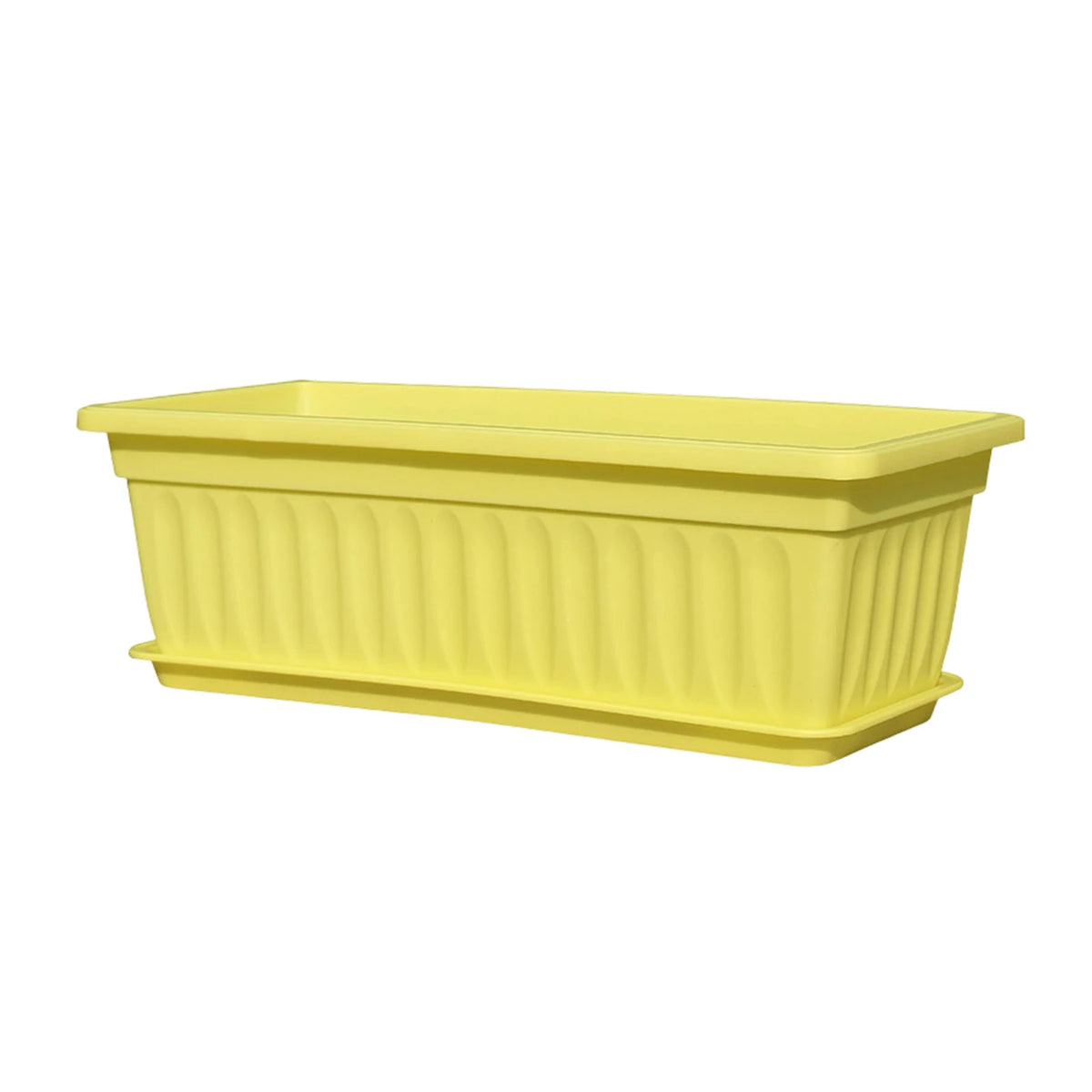 Yellow rectangular plastic planter pot with ribbed sides and wide lip.