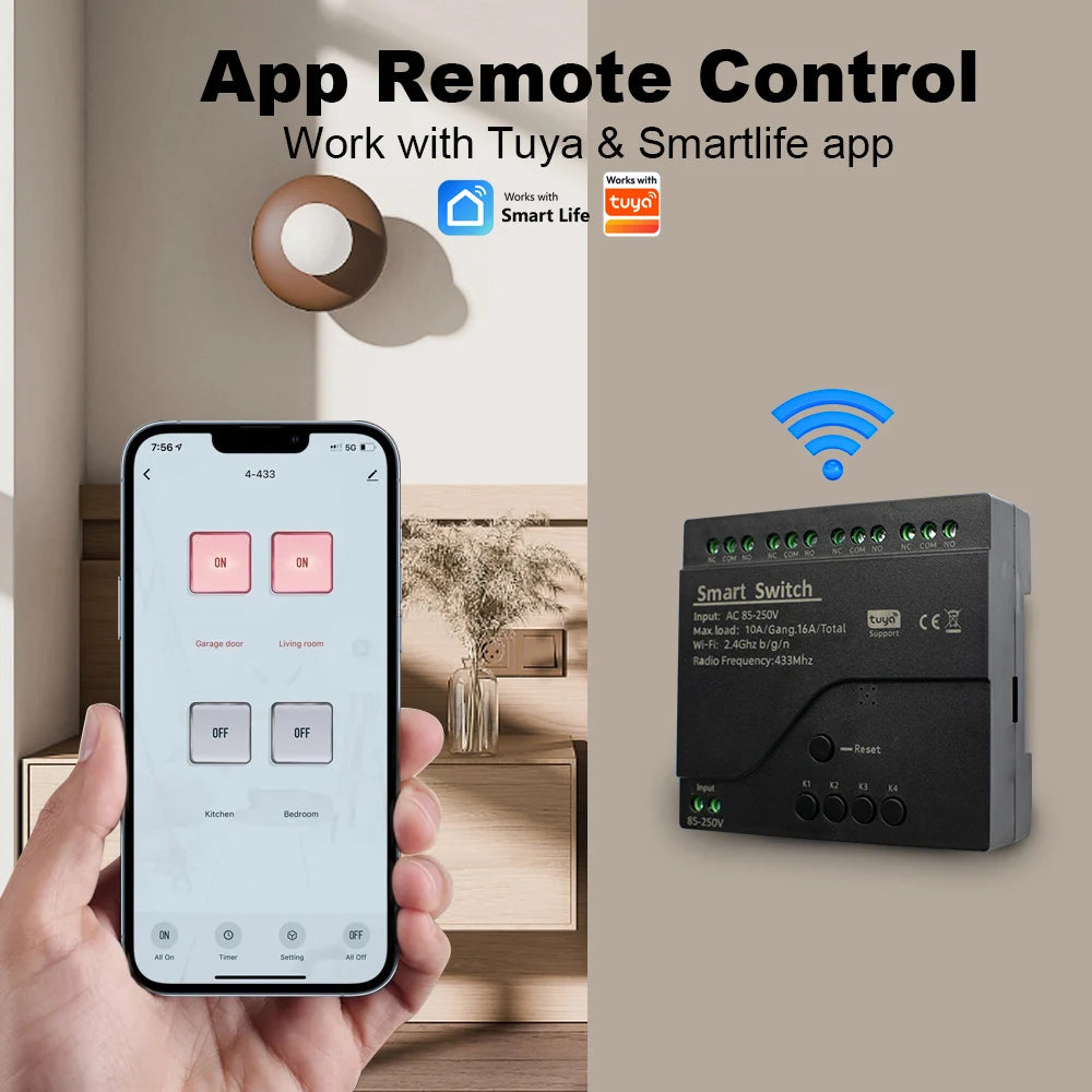 Black Style Tuya 4CH Wifi Smart Home Appliance Control Switch Module 220V 85-250V 10A Relay With Momentary Toggle Interlock Mode