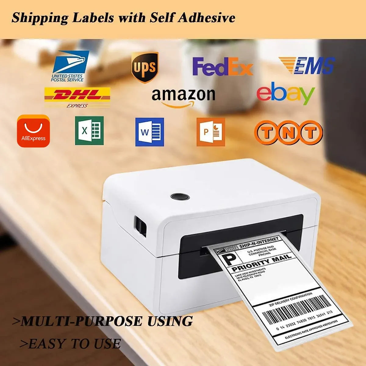 Self-adhesive shipping label dispenser with labels for major courier services.