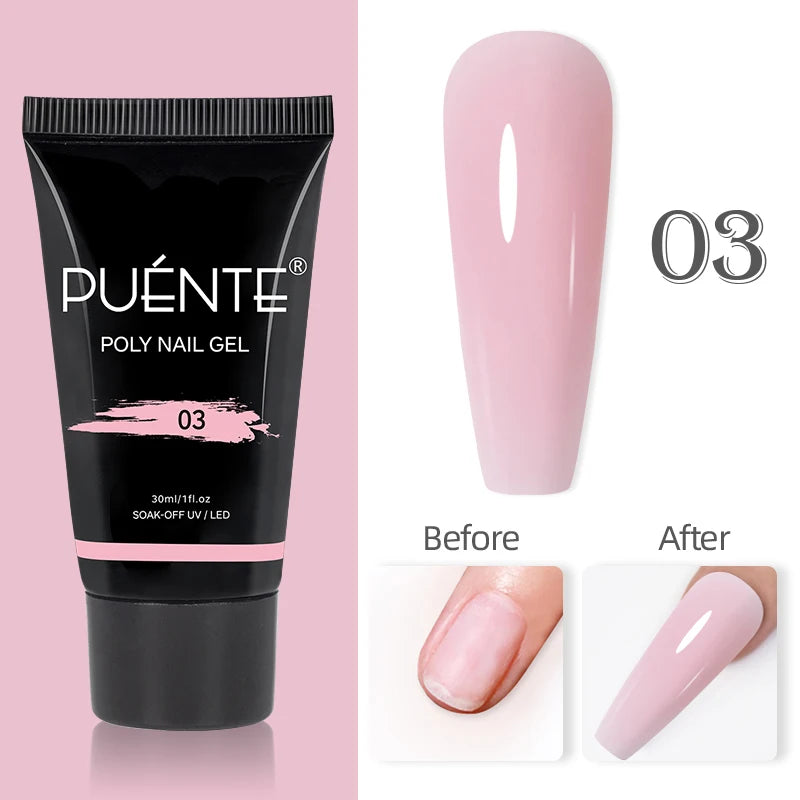Light pink poly nail gel in a 30ml black tube with a swatch and before-and-after nail extension application.