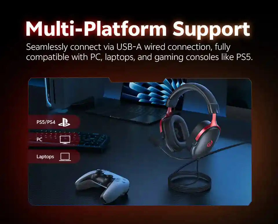 Wired Gaming Headset 7.1 Surround Sound - Ergonomic Over-Ear Black Tidesmit