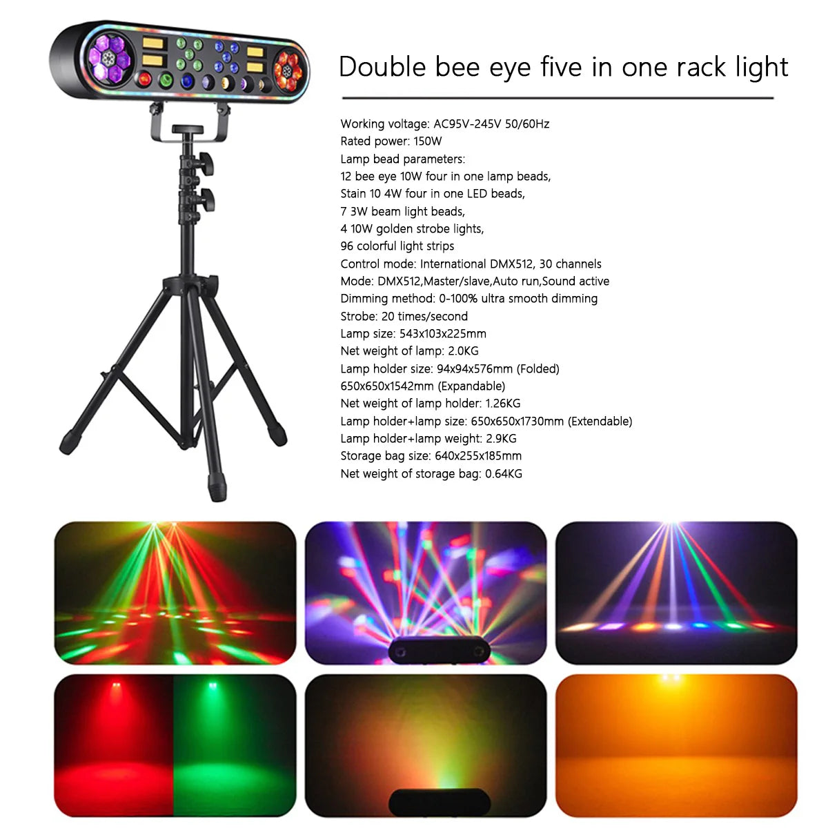 150W 5in1 Double Bee Eye Stage Light DMX512 Sound Activated Strobe RGBW LED Effect Light for DJ Disco KTV Theater