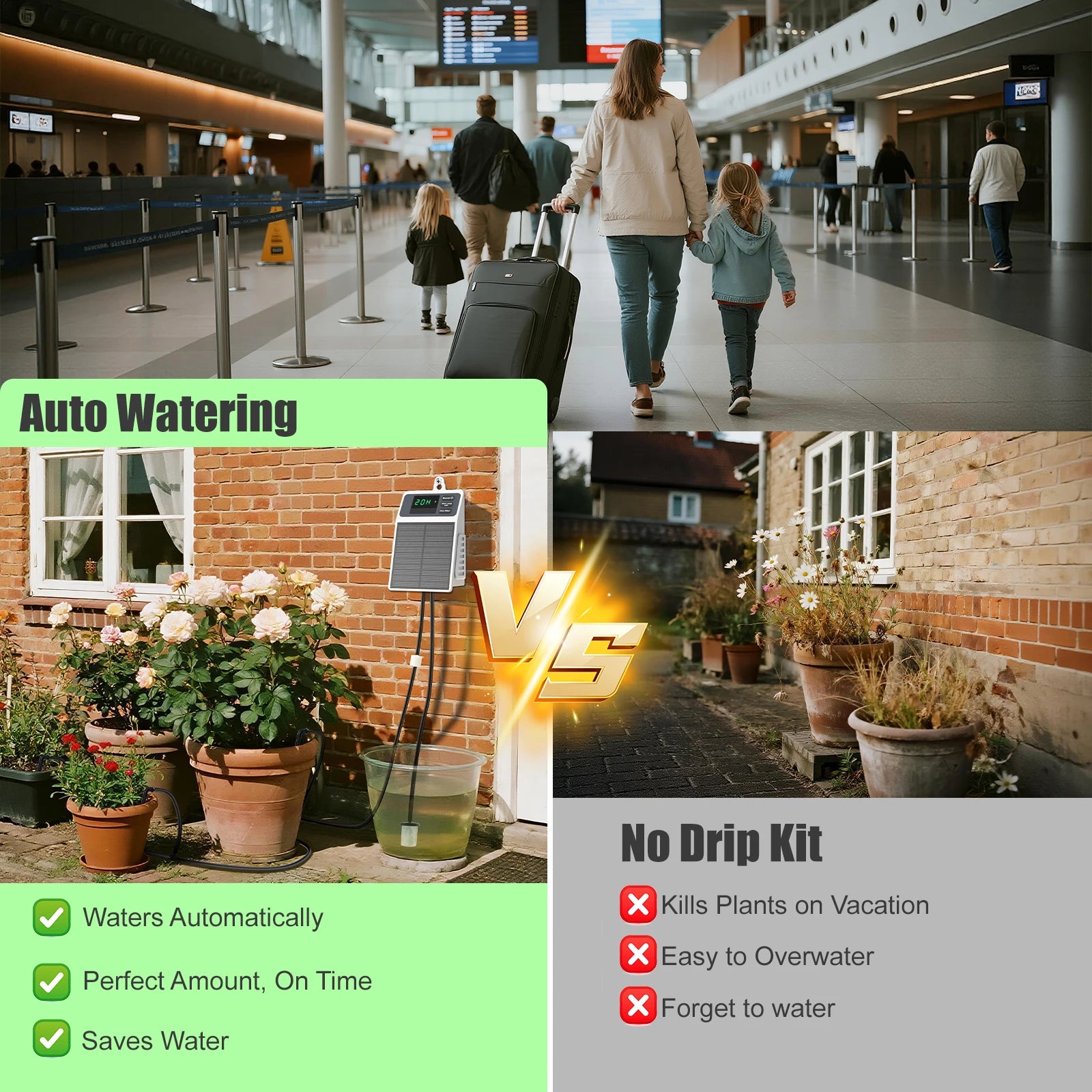 Solar drip watering system for plants, controller shown beside watering setup