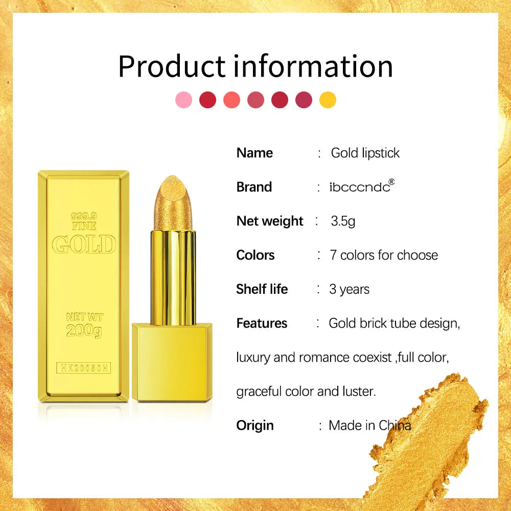 Shimmering gold lipstick in a luxury gold brick tube design with a textured, long-lasting metallic finish.