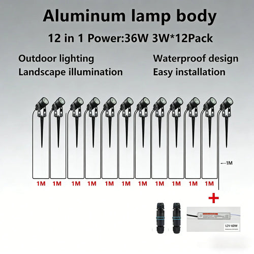 LED garden spot light set of 12, black spike stakes and adjustable lamp heads