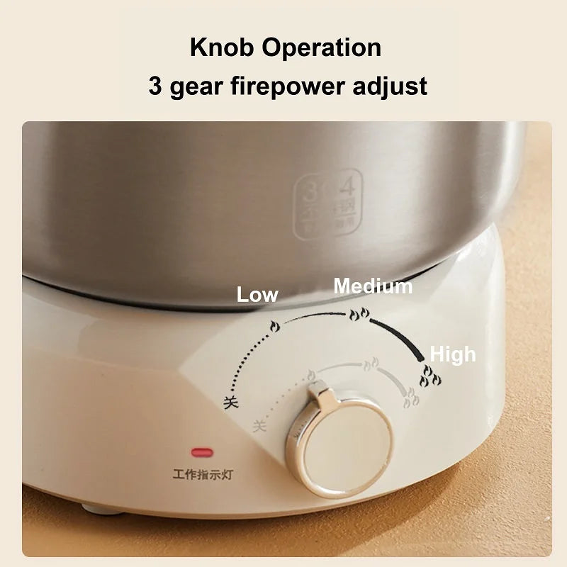 White electric hot pot base with 3-gear temperature knob labeled low, medium, high