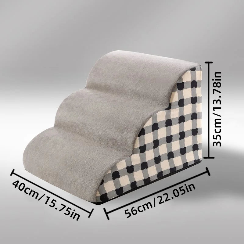 Non-slip memory foam pet stairs, 3-step grey dog ramp for sofa access, washable cover, stable design, 56x40x35cm.