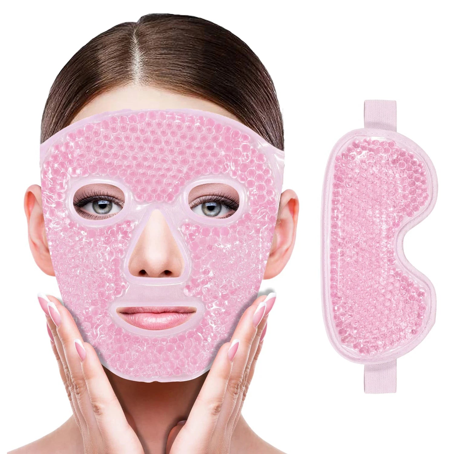 A person wearing a pink, bead-filled gel facial mask, shown next to a matching pink gel eye mask.