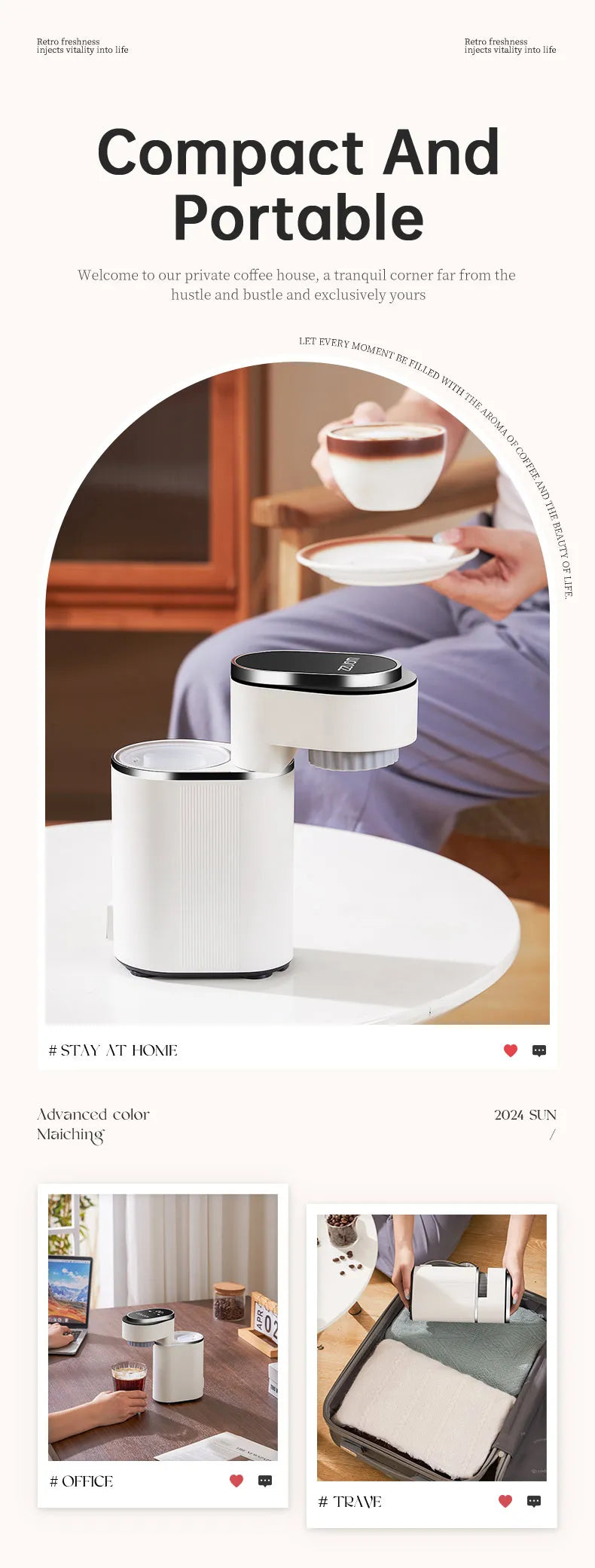 Compact white portable coffee maker, sleek modern design for home, office, or travel, shown with cup on small table.