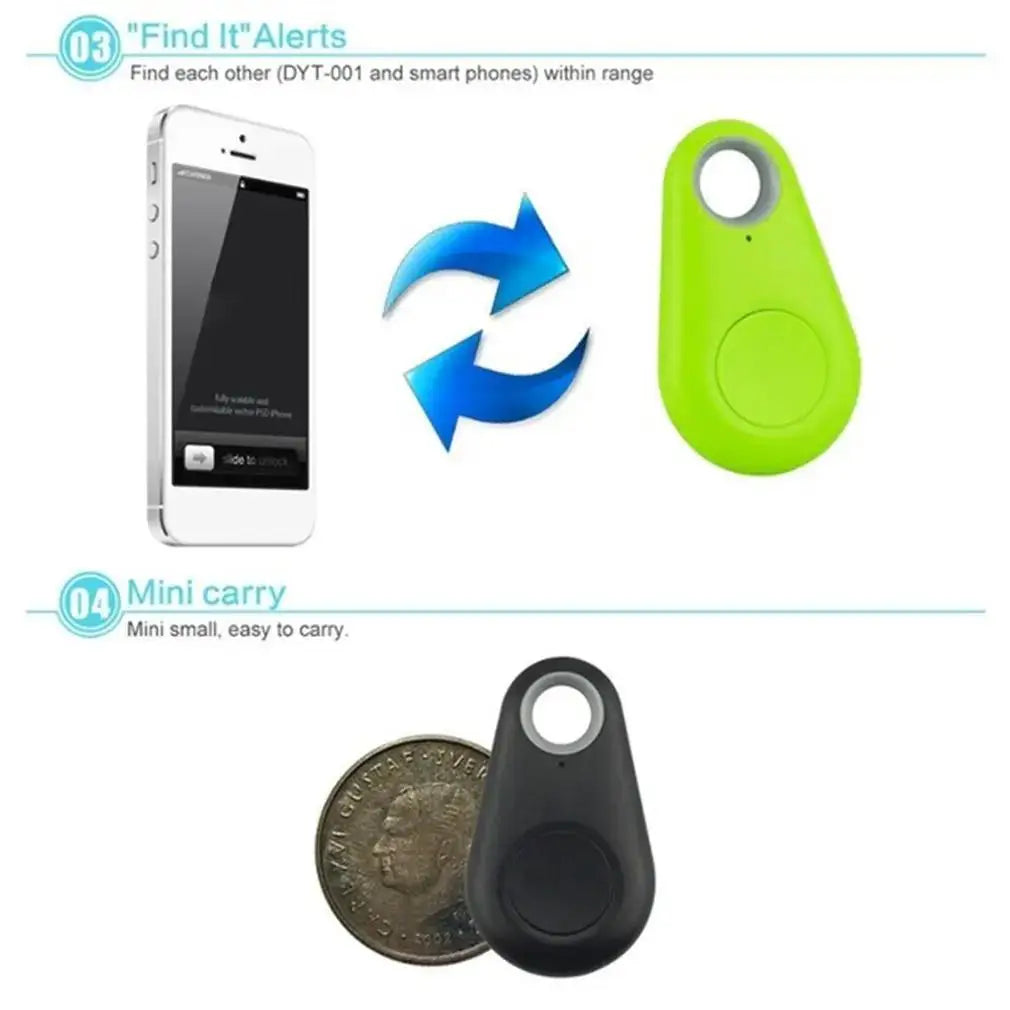 Mini Bluetooth GPS pet tracker tag in green and black for anti-lost key, bag, and pet safety tracking on iOS/Android.