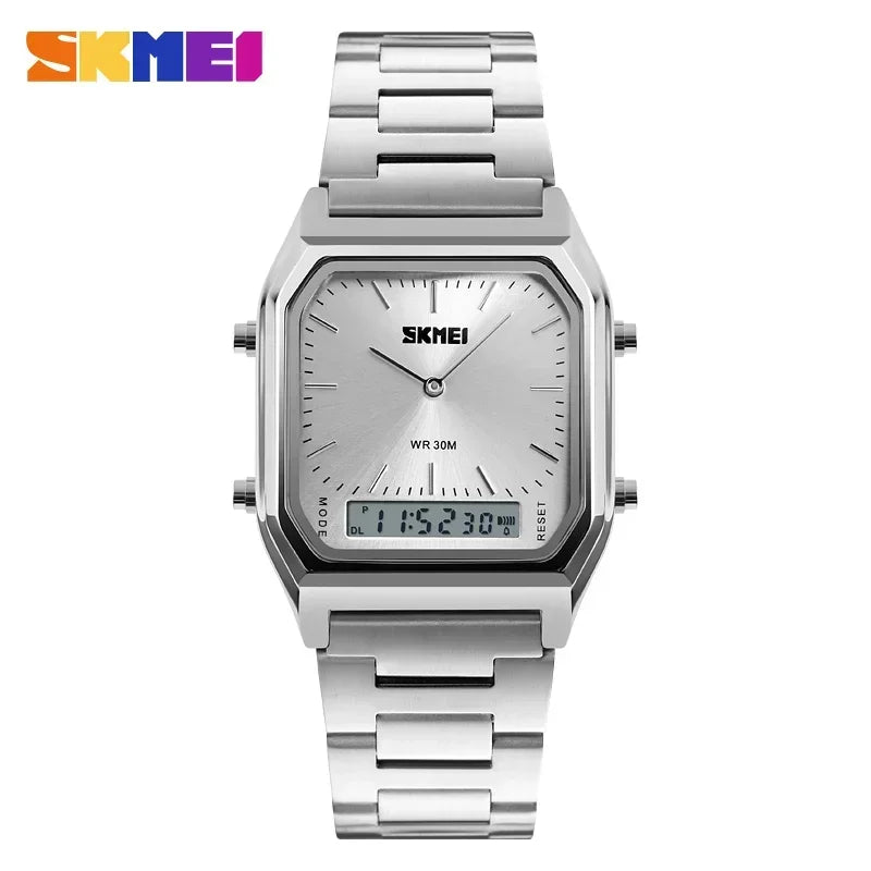 Silver stainless steel SKMEI analog-digital watch with a rectangular case, featuring both hands and a digital display.