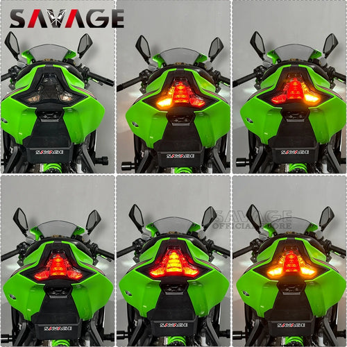 LED tail brake light and turn signals with smoke lens on motorcycle rear, glowing red