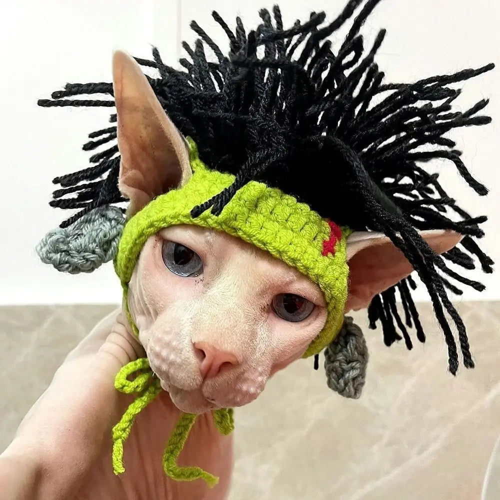Sphynx cat wearing an adjustable, funny green knitted monster hat with black hair for cute pet cosplay costumes.