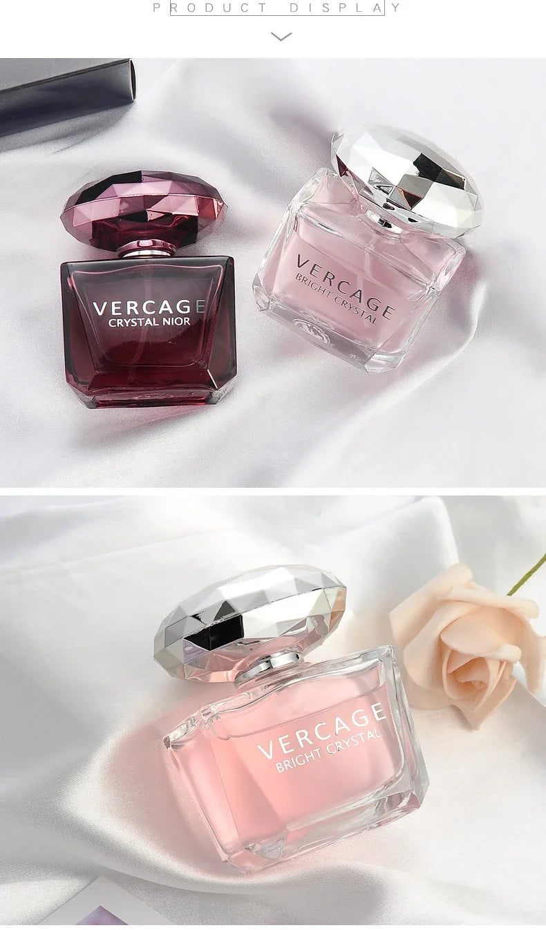 Luxury long-lasting floral perfume bottles in dark purple and light pink glass on elegant white silk fabric.
