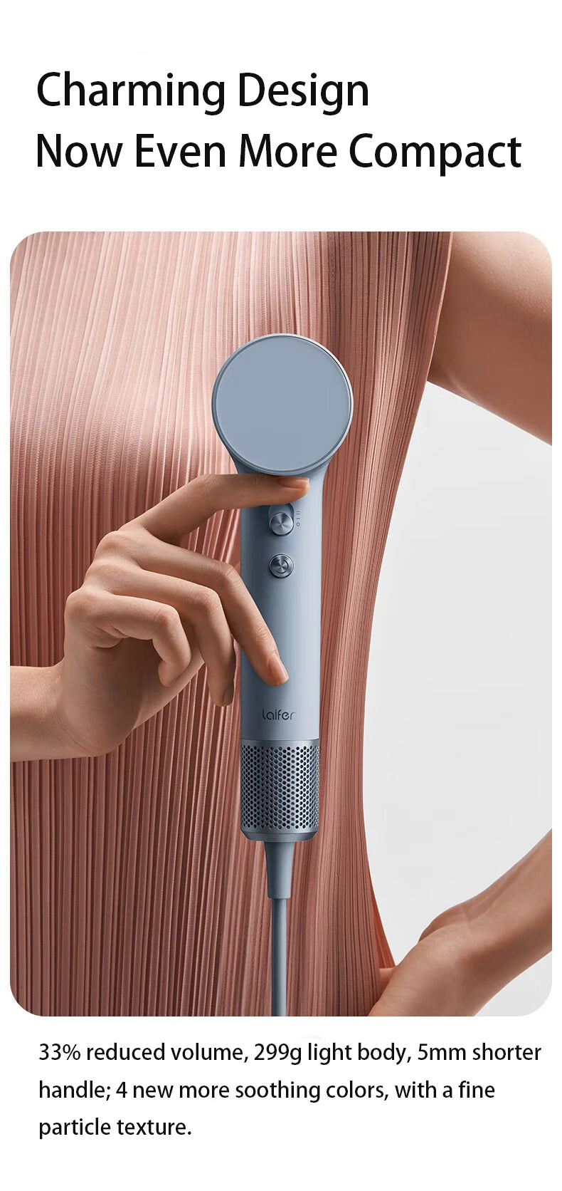 Laifen Mini blue portable high-speed hair dryer, 299g lightweight compact design for home and travel.