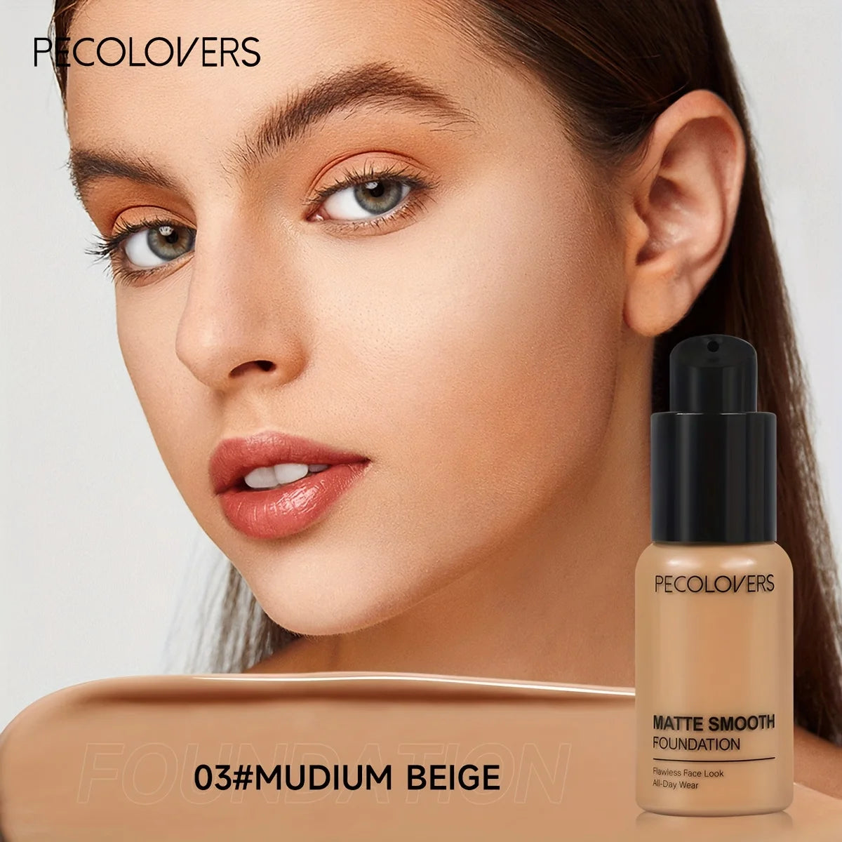 Tidesmit Matte Smooth Foundation liquid texture close-up showing full coverage and multi-tone natural finish