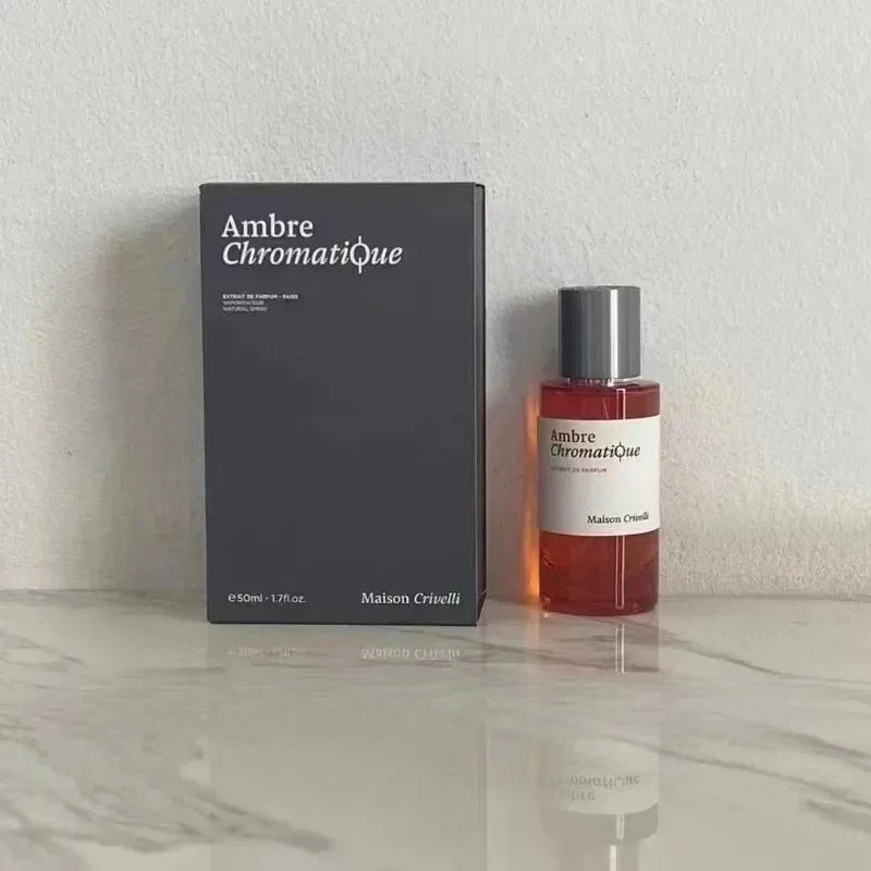 Maison Crivelli Ambre Chromatique 50ml unisex Extrait de Parfum in a sleek glass bottle with box. Luxury amber scent.