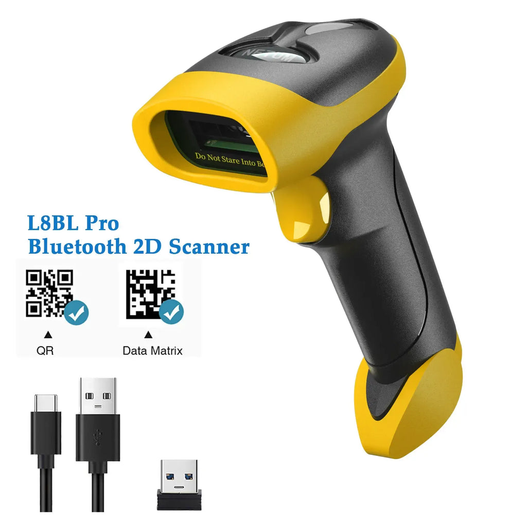 Yellow-and-black Bluetooth 2D handheld barcode scanner with QR and Data Matrix icons