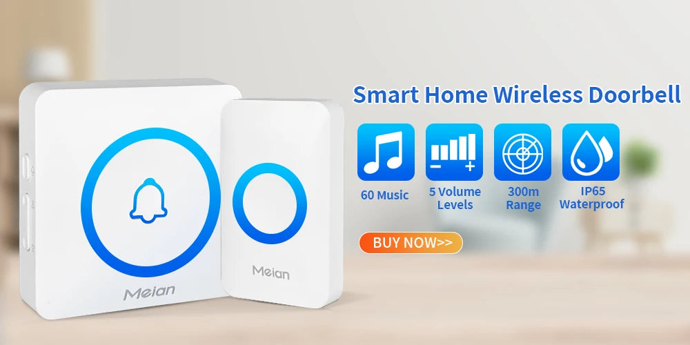 Meian Smart Home Doorbell Wireless Security Doorbell IP65 Waterproof Outdoor Door Bell 60 Songs 5 Volume Adjustable Chime Kit
