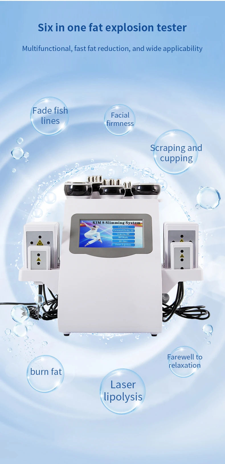 White 6-in-1 body slimming machine with an LCD screen, multiple treatment probes, and surrounding text labels.