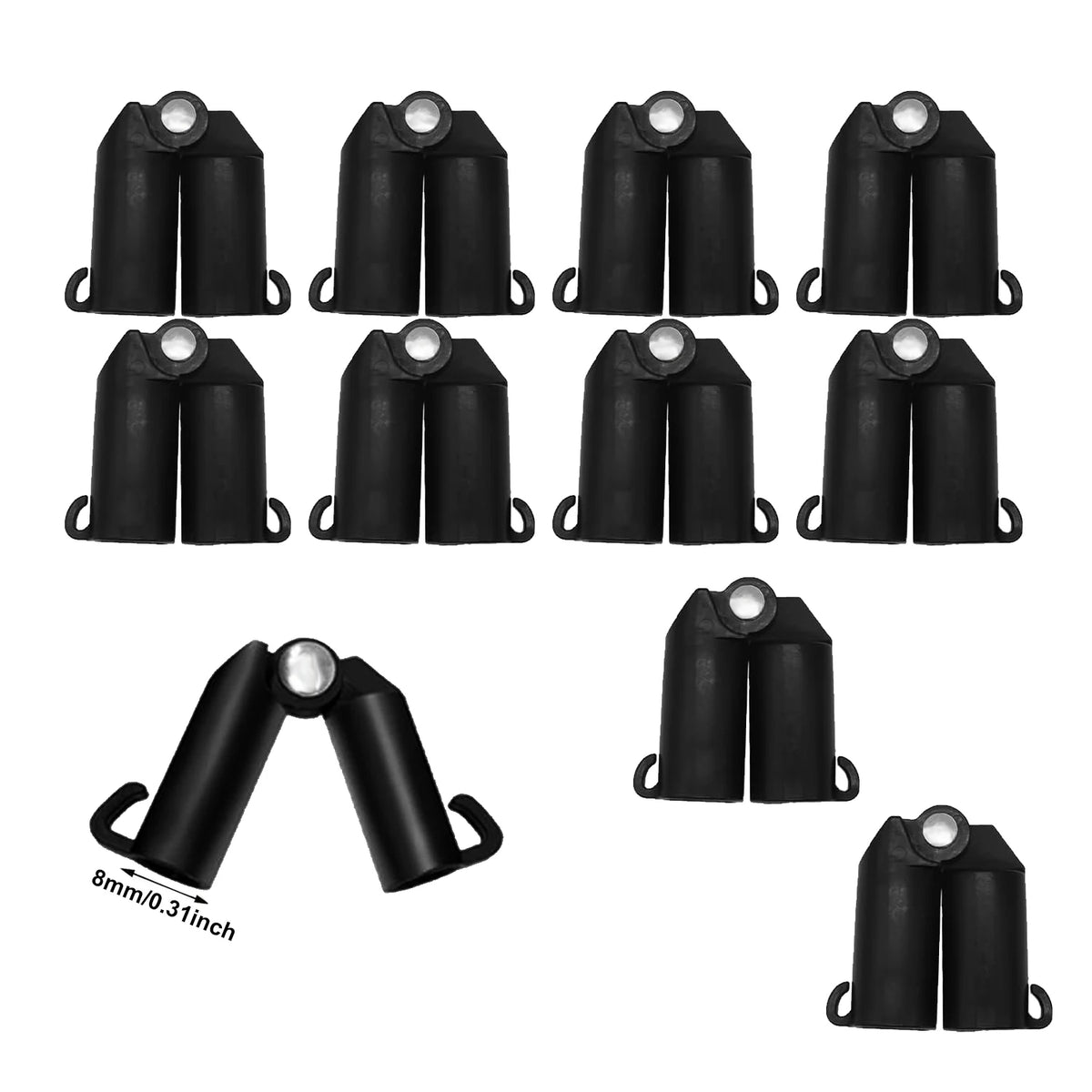 Black plastic plant support clips, 10-pack, U-shaped clamps with silver screw insert