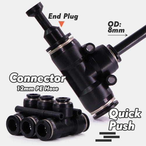 Black quick-push irrigation connector with end plug and brass fittings for PE hose