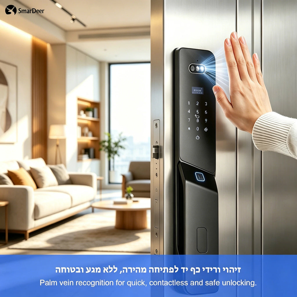 SmarDeer ﻿IS 6590 IP66 Waterproof Outdoor Smart Lock,Face & Palm Vein Recognition lock with Hebrew Menu,Tuya App Video Call