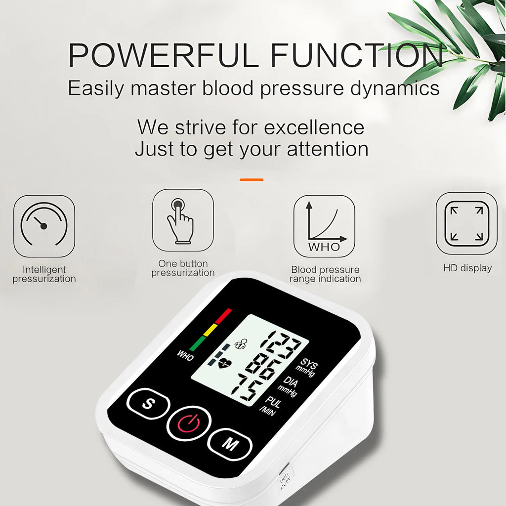 Upper Arm Blood Pressure Monitor Heart Rate Health Blood Pressure Detector Arm Cuff Digital BP Meter Pluse Automatic Tensiometer