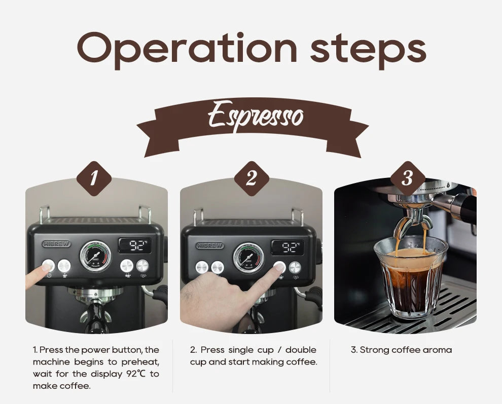 HiBREW black espresso machine showing three-step operation guide with digital temperature display and pressure gauge.