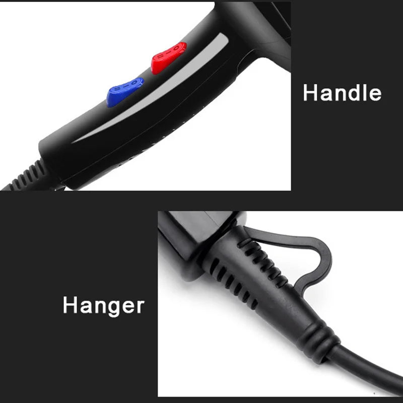Black professional hair dryer handle with red/blue heat control switches and convenient storage hanging loop.