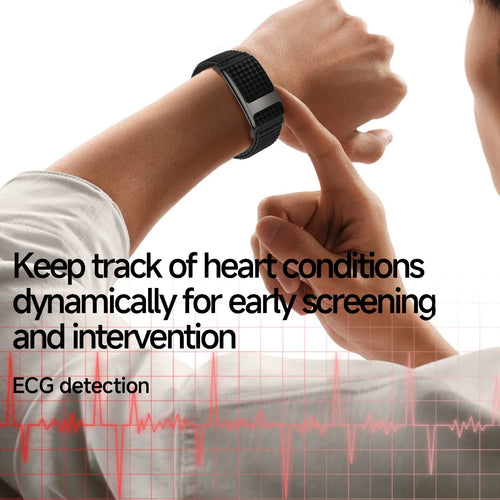 VWAR FLOW ECG smart sleep tracker side angle view, worn on wrist for heart rate, blood oxygen and stress monitoring.