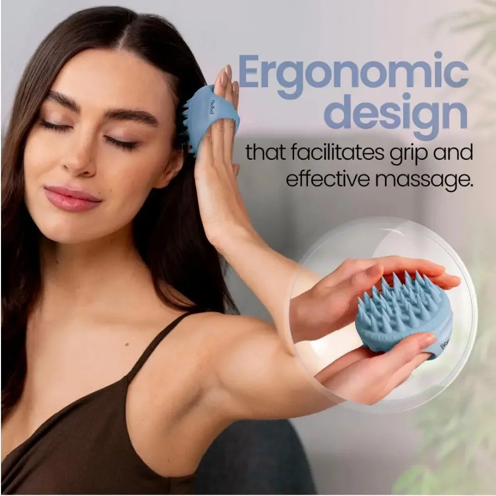 Woman using a round, light blue silicone scalp massager brush with flexible bristles for a hair massage.