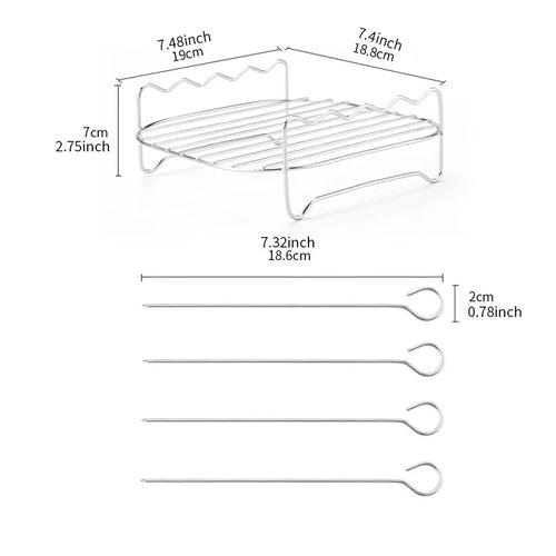 1 PC Air Fryer Rack with 4 Skewers, 1 Set Grill and Steam Rack. Suitable for baking and grilling in small ovens.