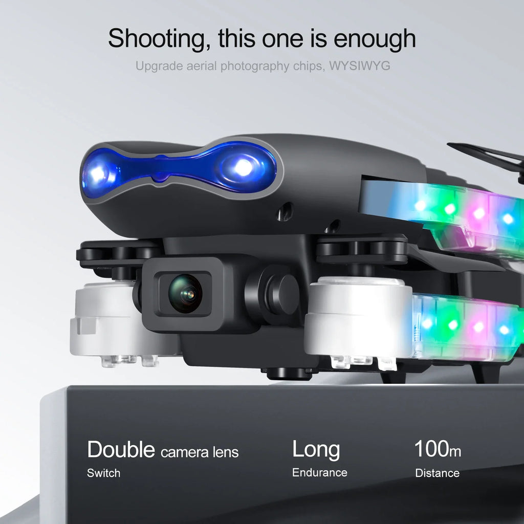 Black aerial photography drone with a dual-lens camera, blue front lights, and colorful LED side strips.