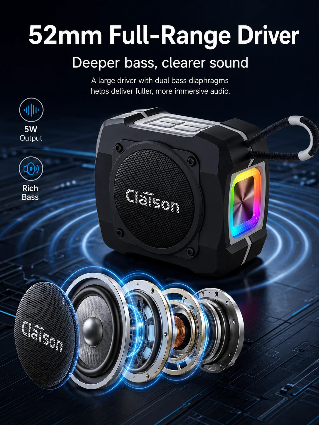 Portable Bluetooth Speaker, Bluetooth 5.3, TWS Pairing, 52mm Driver, 5W Output, 1200mAh Battery, RGB Light, FM Radio, TF Card and USB Playback, IPX6 Water Resistant Design for Outdoor, Camping, Travel and Home Use