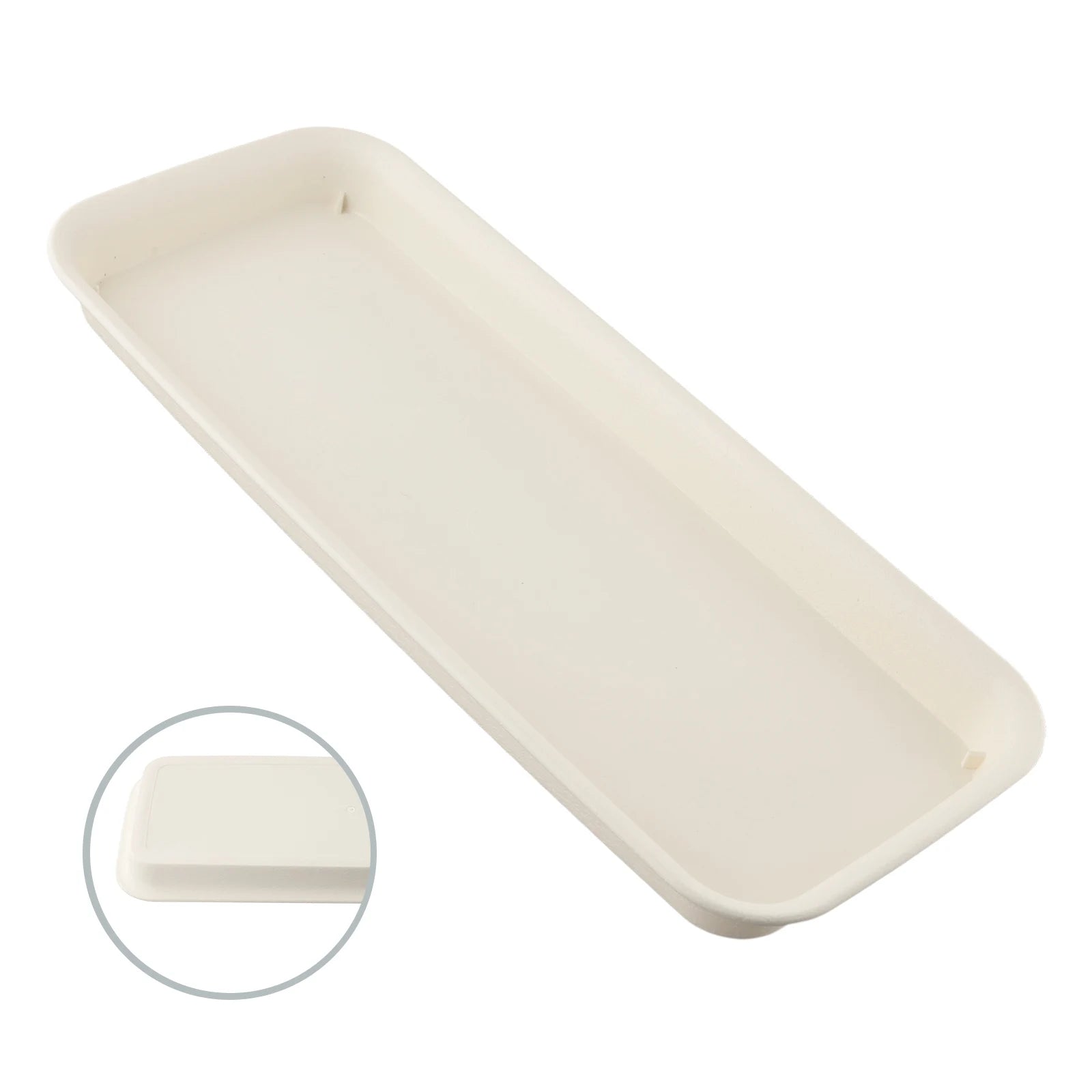 Beige rectangular plastic plant tray, angled view showing shallow interior and end lip