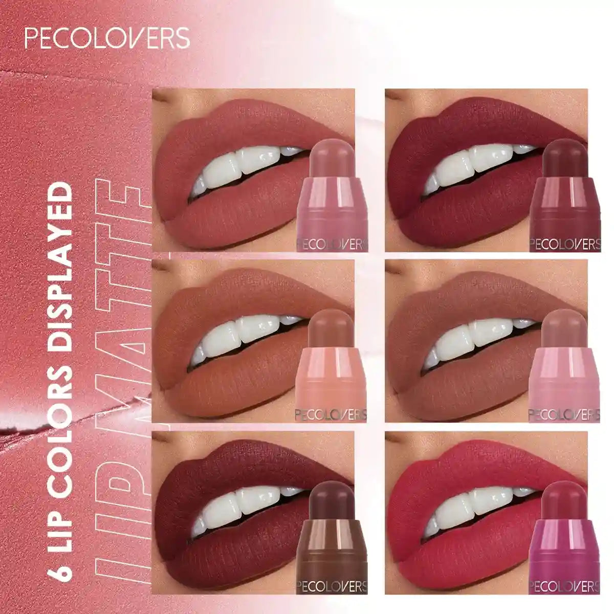 Six shades of velvet matte lipstick in nude, apricot, and berry tones, featuring long-lasting, non-stick lip makeup.