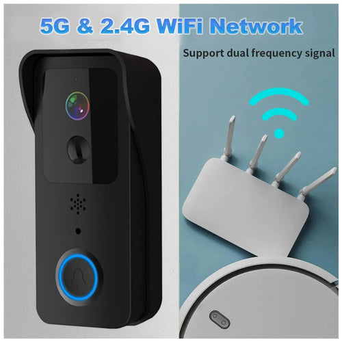 Black WiFi video doorbell camera with blue ring button and dual-band signal icon