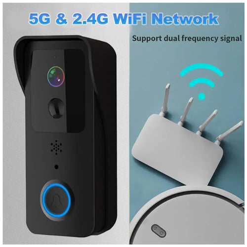 Black WiFi video doorbell with camera lens and blue ring button