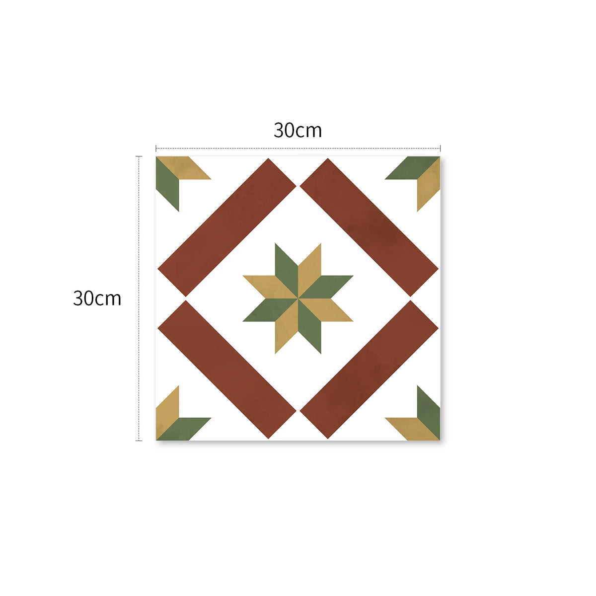 Square vinyl tile sample, brown diamond frame with green star center, 30cm