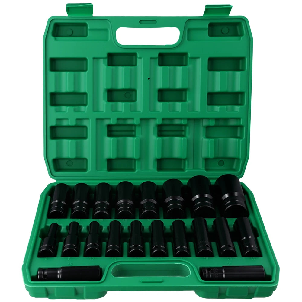 Podofo 20PCs 1/2'' Drive 6-Point Impact Socket Set 8-32mm Metric Sizes Carbon Steel  Impact Wrench Nut Set With Storage Box